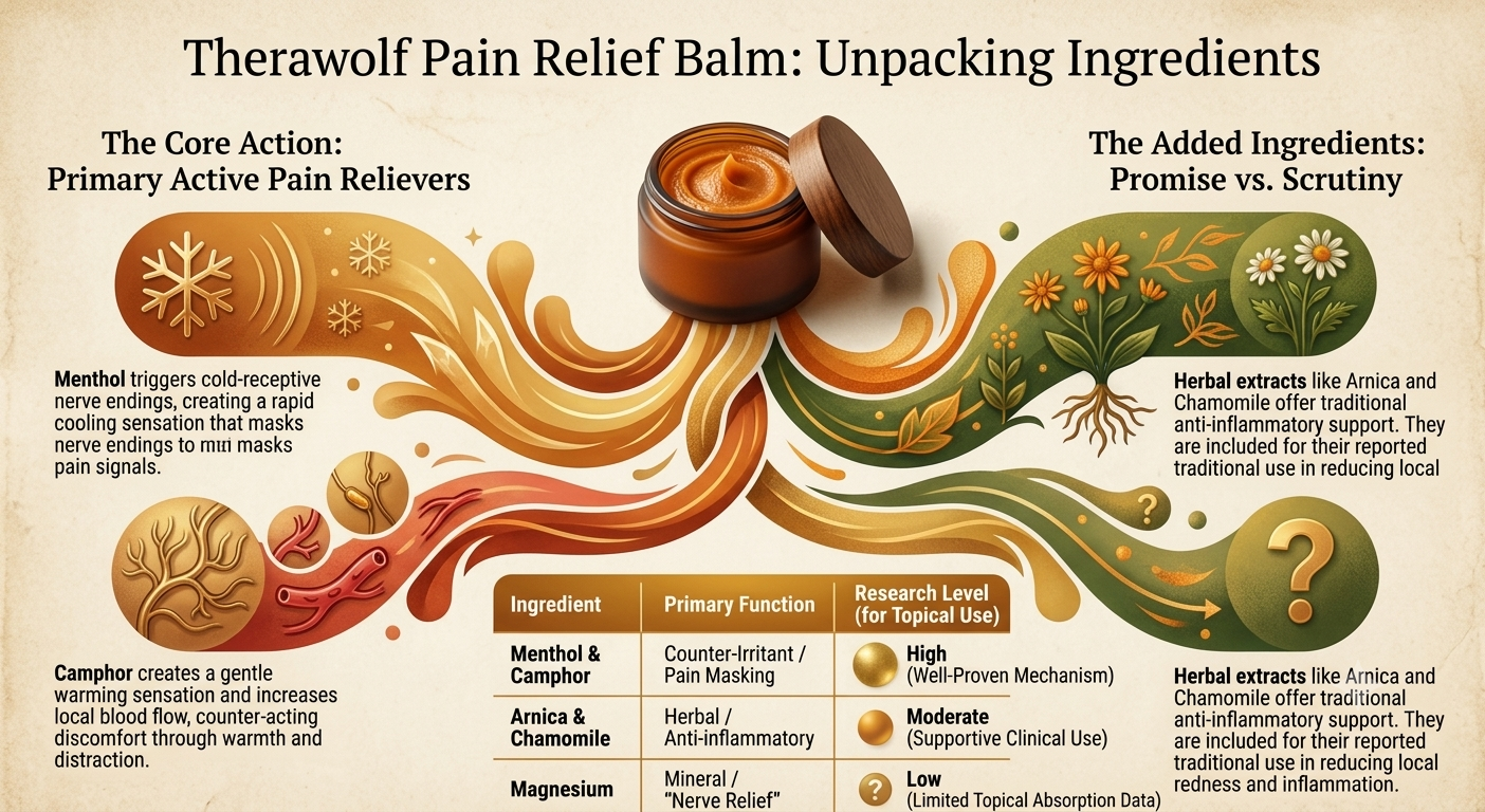 TheraWolf Pain Relief Balm ingredients — menthol, camphor, arnica, chamomile, magnesium